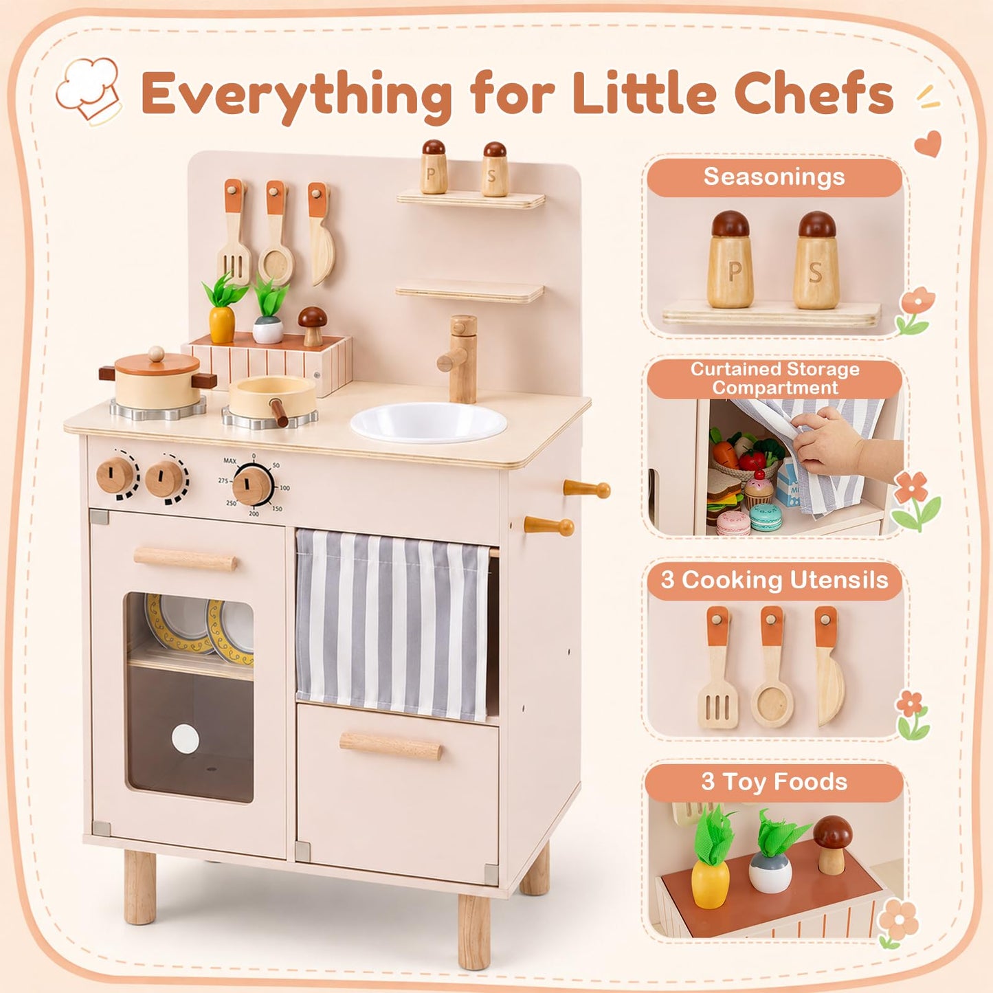 Kids Play Kitchen, Wooden Toy Kitchen with Stoves
