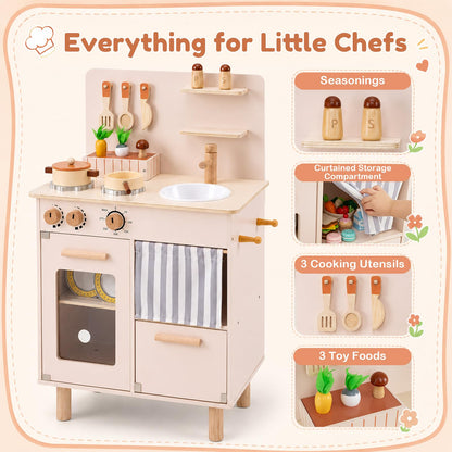 Kids Play Kitchen, Wooden Toy Kitchen with Stoves