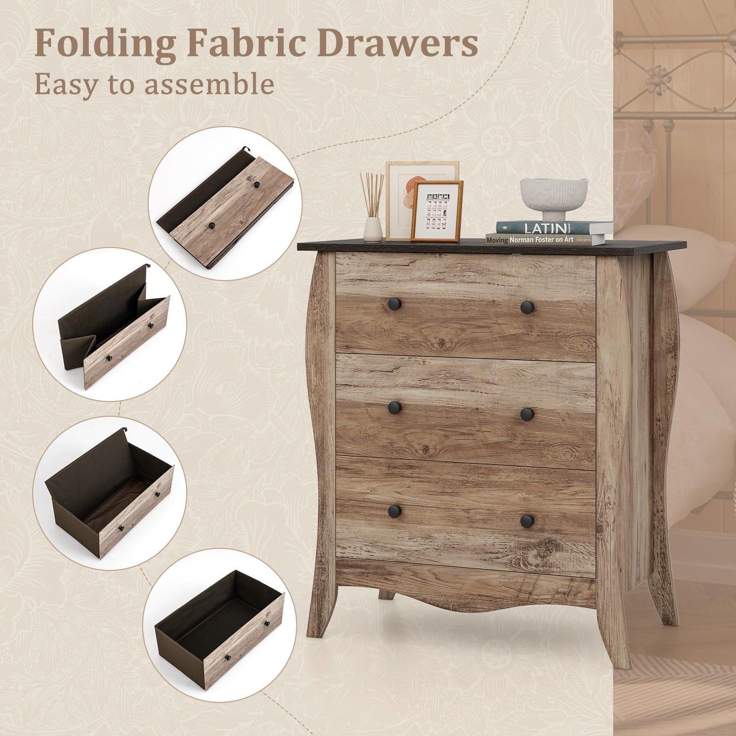 Closet Storage Organizer with 3 Folding Fabric Drawers and Anti-tipping Kit