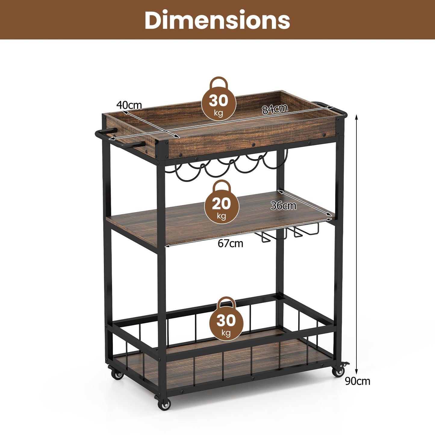 Home Bar Cart on Wheels Kitchen Serving Cart with Removable Tray