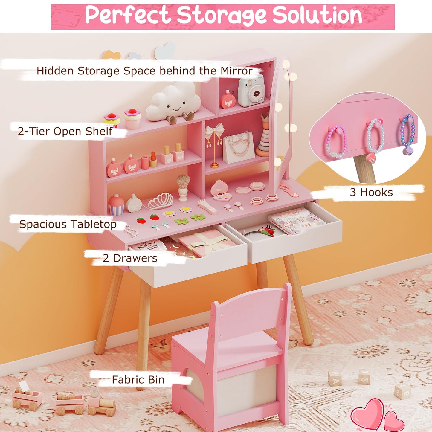 Kids Vanity Set Pretend Play Dressing Table Set with 3-Color Lighting Modes