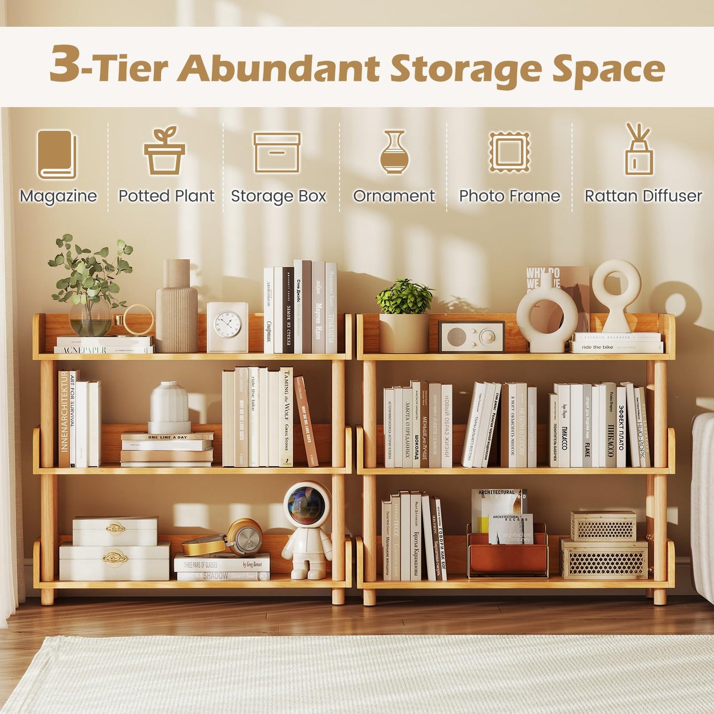Sturdy Pine Wood, Elevated Guardrails, Free Standing Open Shelving Unit Plant Stand
