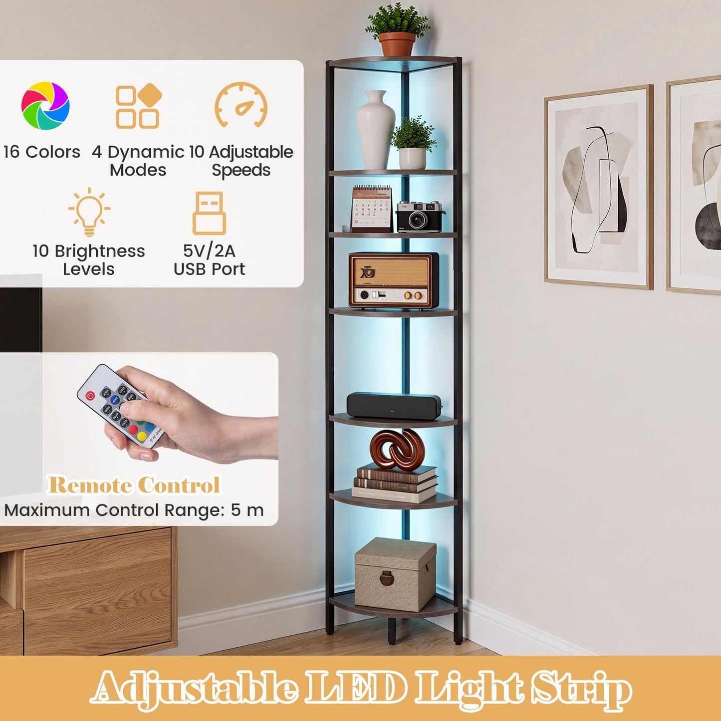 6-Tier Corner Shelf with LED Lights, 172cm Tall Bookshelf