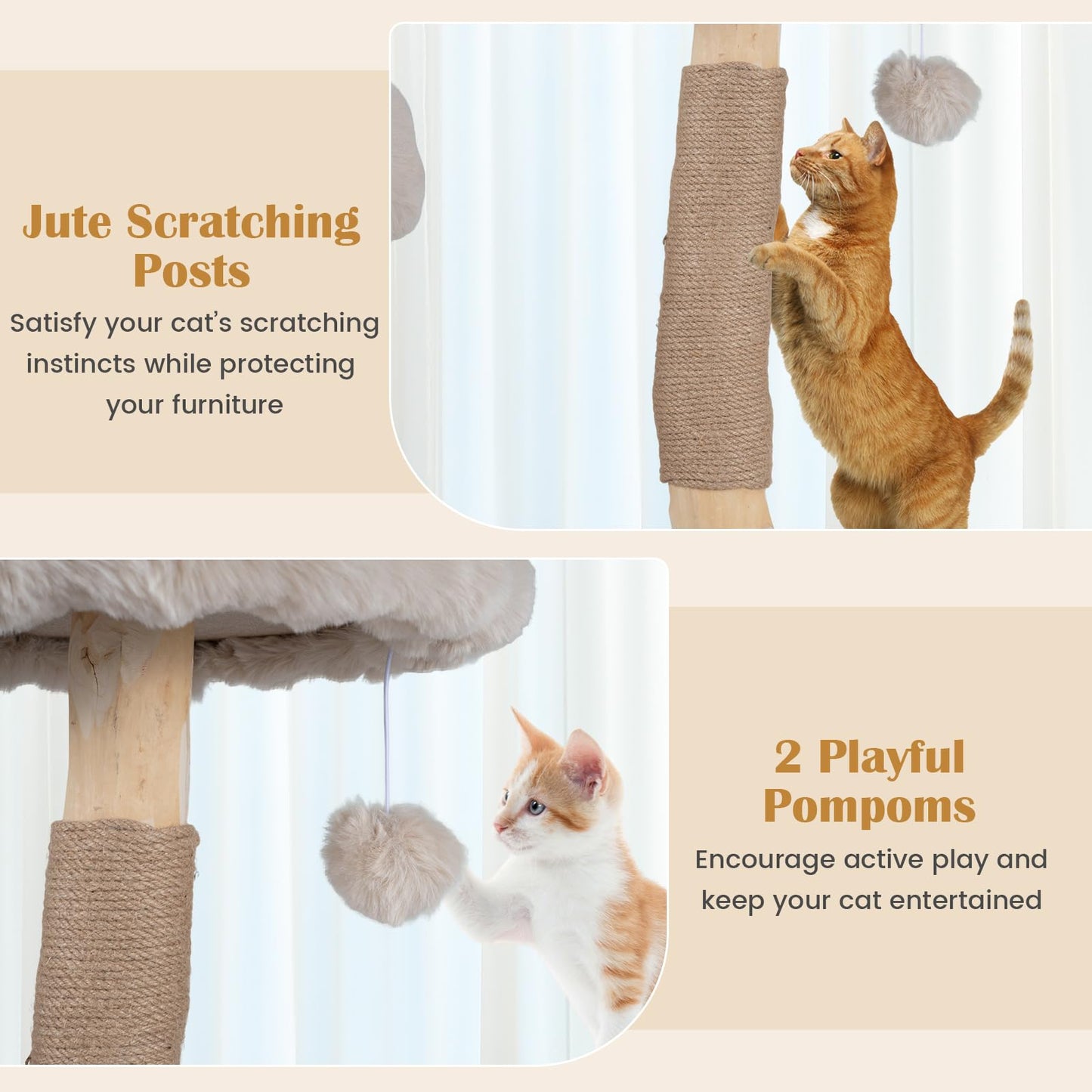 147cm Cat Tree Tower with Cat Cave with Sisal Scratching Poles and 2 Plush Play Balls for Indoor Cats
