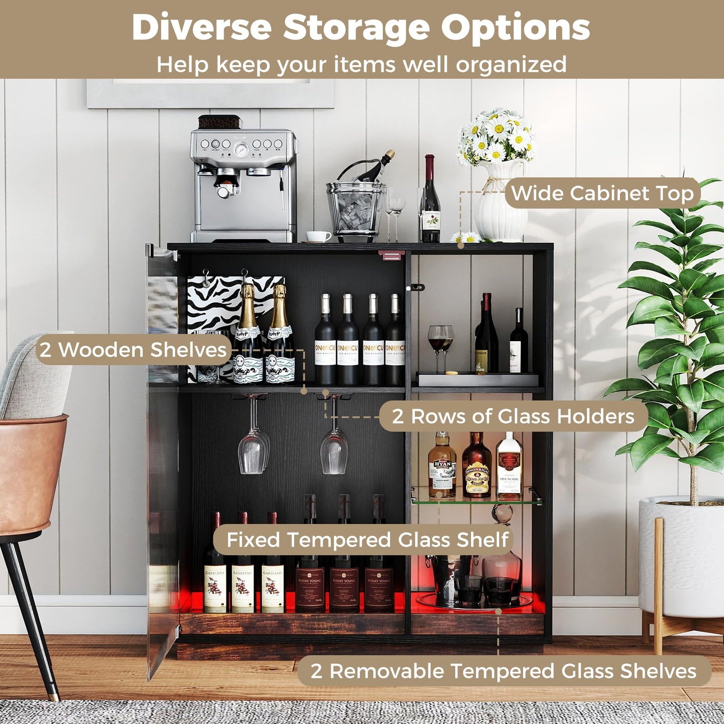 Wine Bar Cabinet with LED Lights, Remote & APP Control