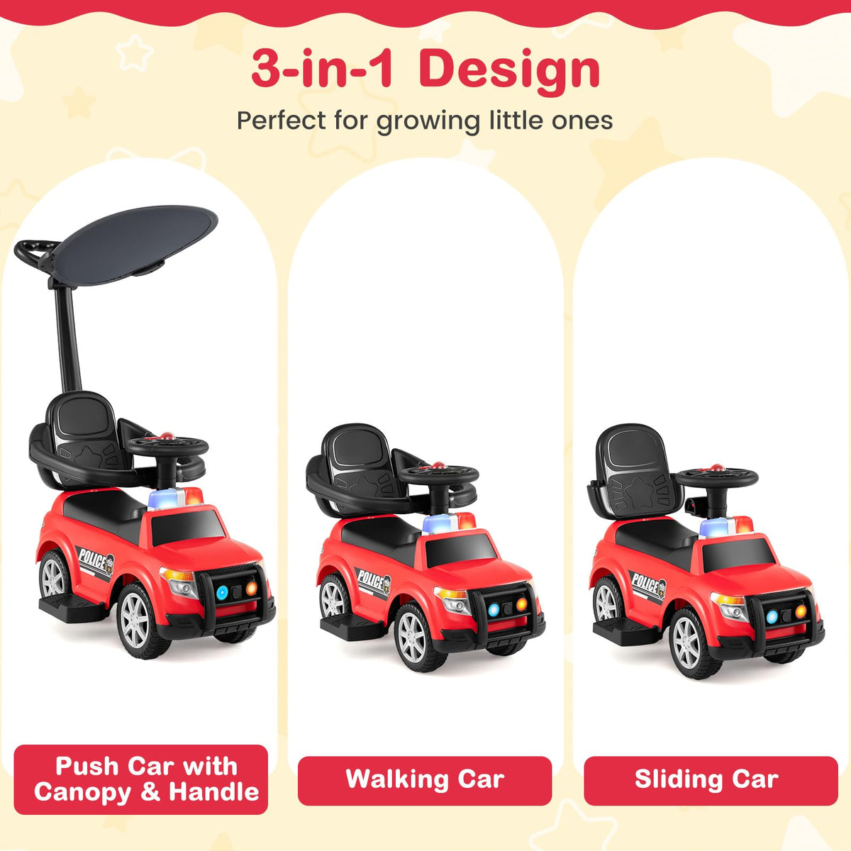 3 in 1 Kids Ride on Push Car, Push Along Car with Light