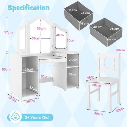 Kids Vanity Desk and Chair 2 in 1 Toddler Makeup Pretend Play Table