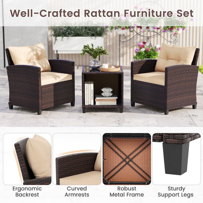 3 Piece Outdoor Patio Furniture Set with Glass Coffee Table and Storage Compartment