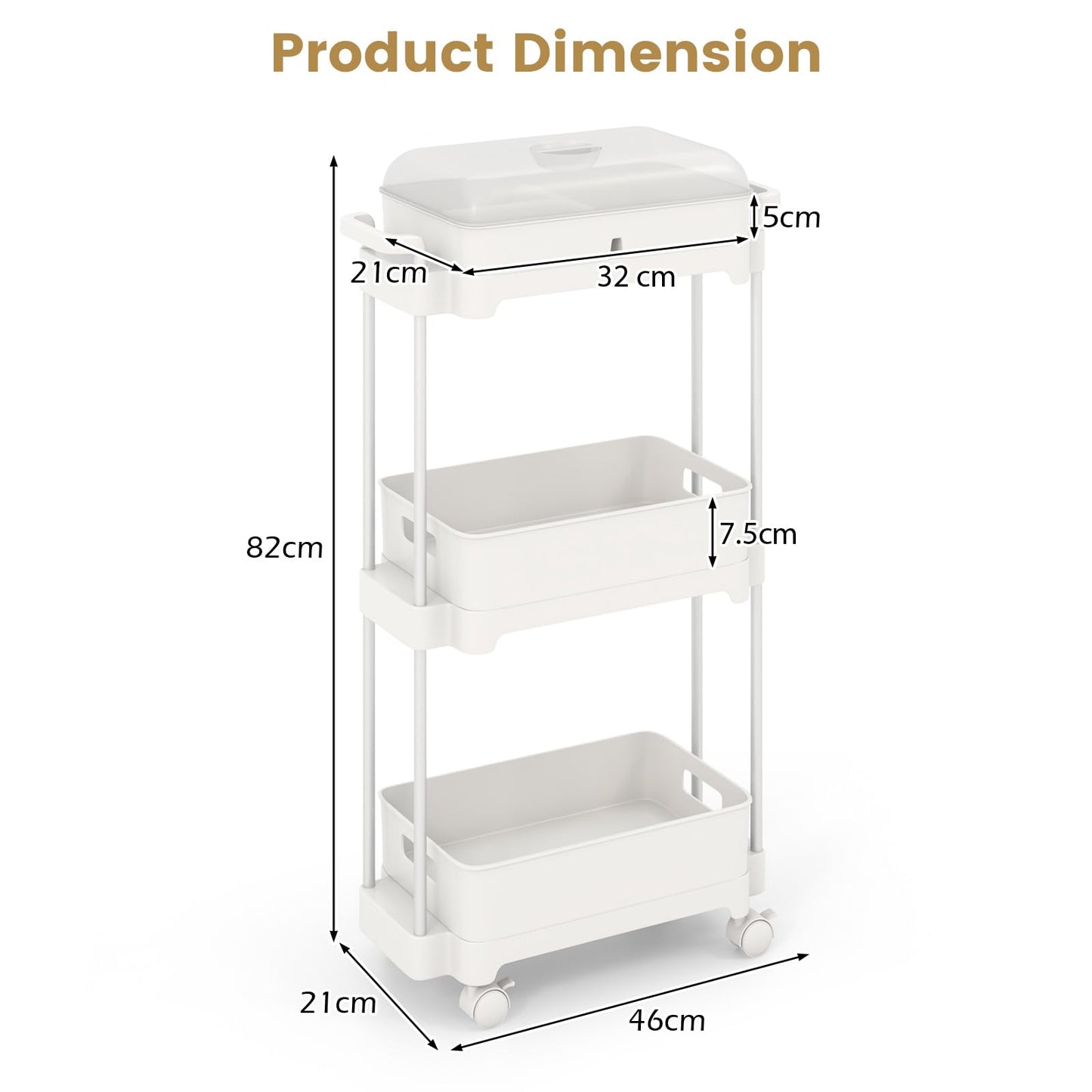 3-Tier Rolling Utility Cart Storage Trolley with Removable Cover and Shelves