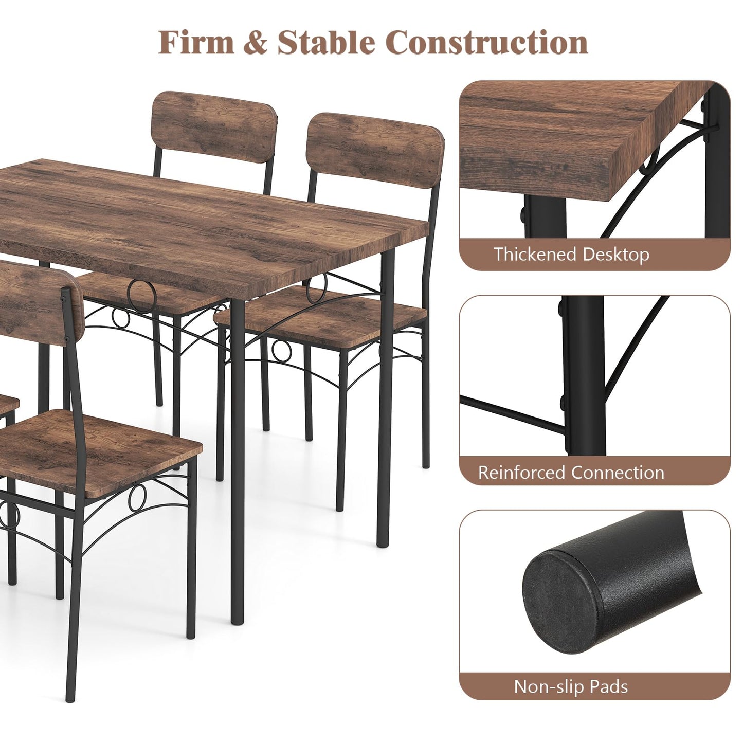5-Piece Dining Table Set Industrial Metal Frame with Rectangular Table