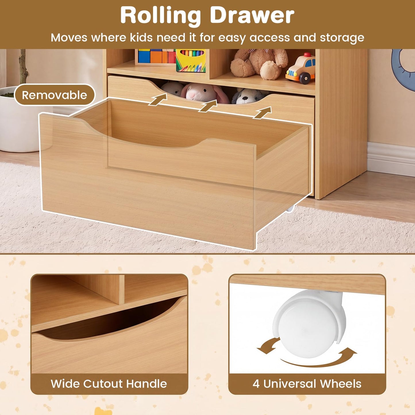 5-Tier Kids Bookshelf with Shelves & Rolling Drawer for Nursery Playroom