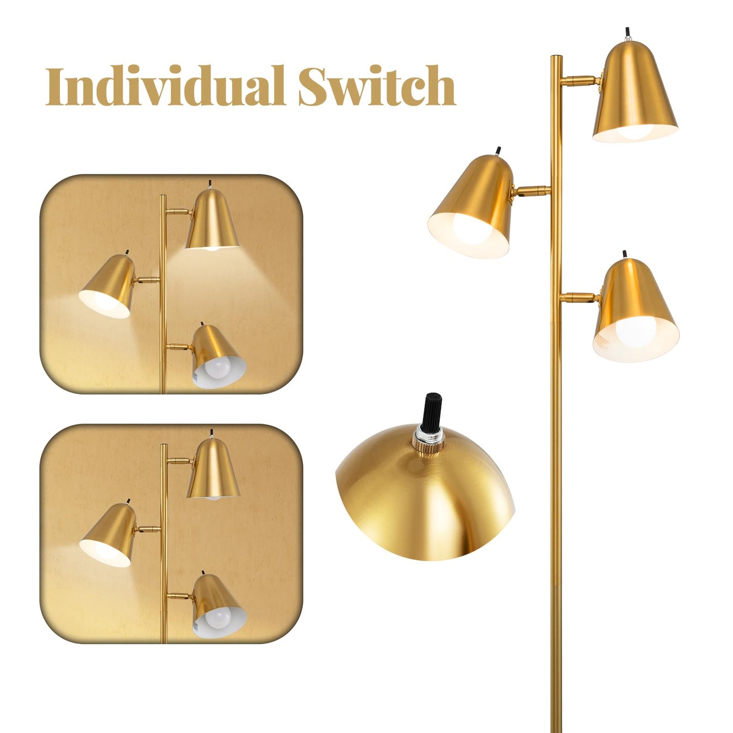 3-Bulb Floor Lamp with 3 E26 A19 Bulbs and Adjustable Lampshades