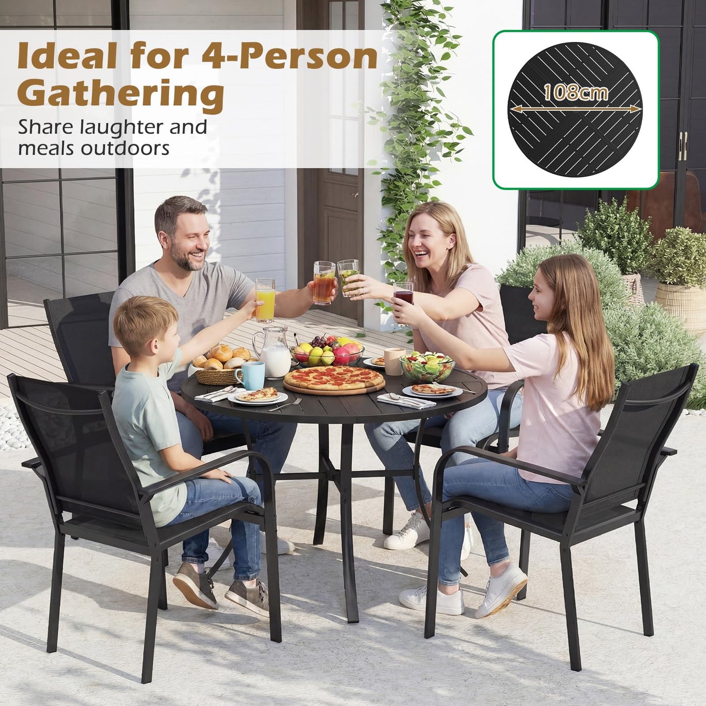 Patio Dining Table 108CM Round Metal Slat Table with Umbrella Hole