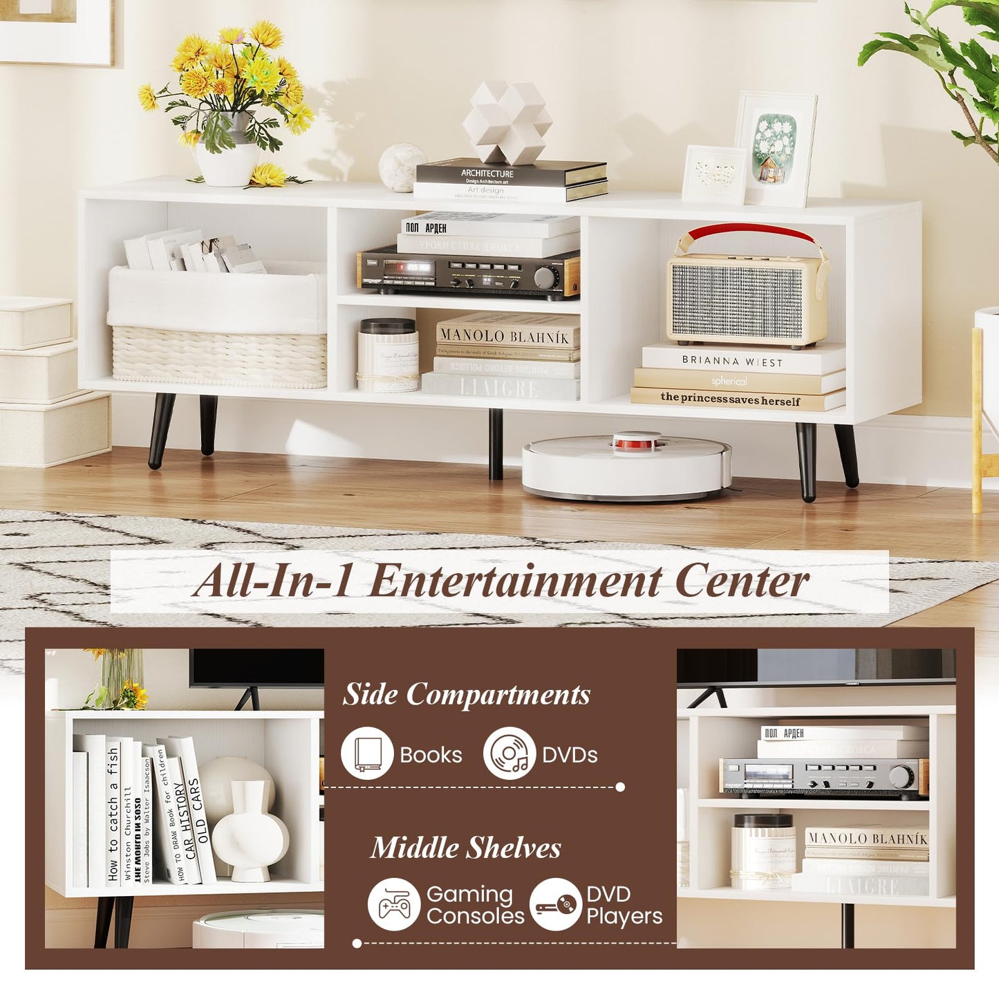 120cm Mid Century Modern TV Stand with Shelves and 5 Metal Legs