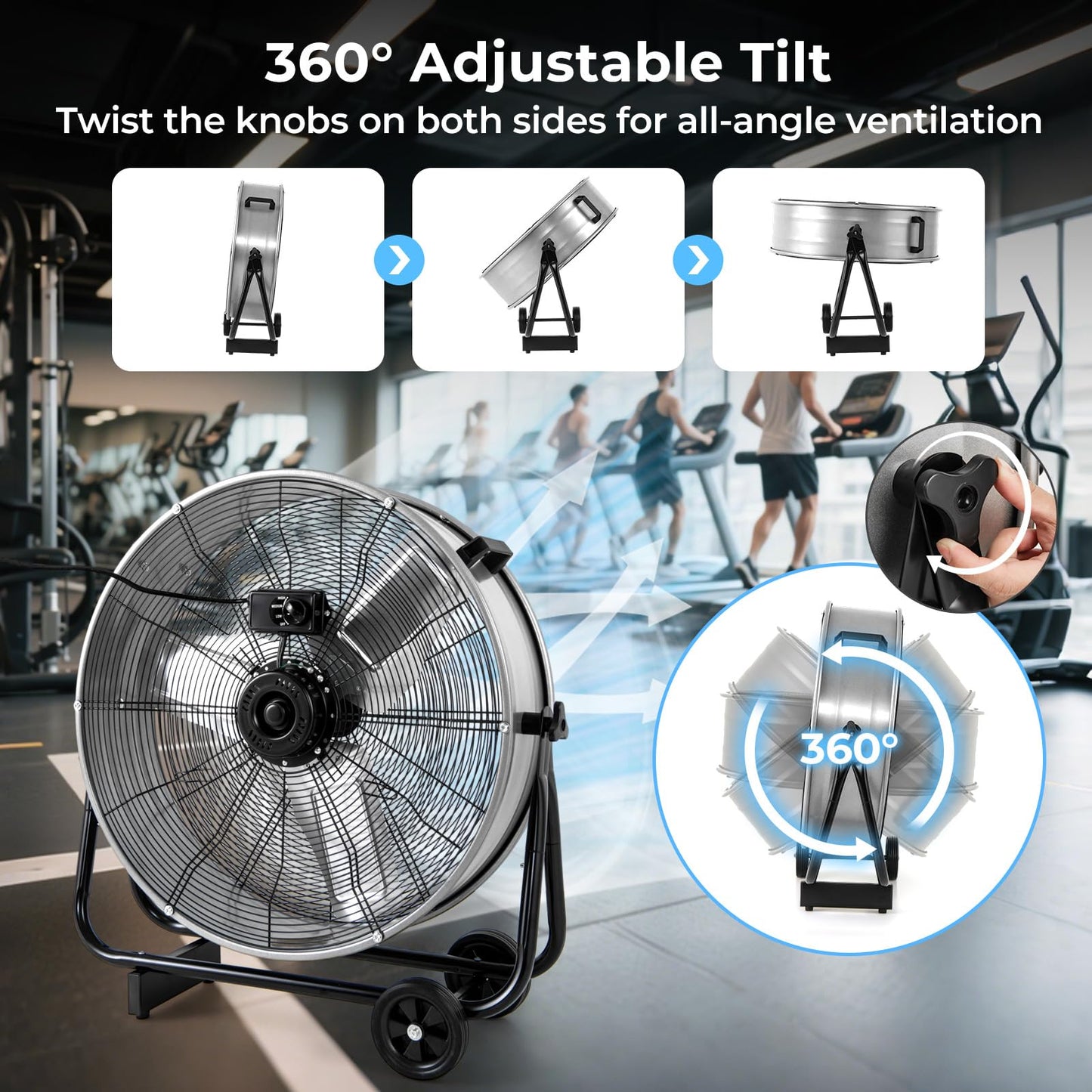 24 Inch Industrial Drum Fan with 360° Adjustable Tilt and 2 Wheels