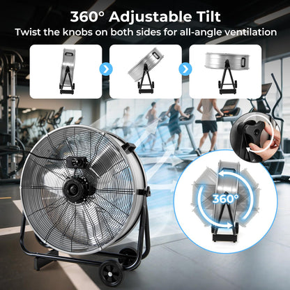 24 Inch Industrial Drum Fan with 360° Adjustable Tilt and 2 Wheels