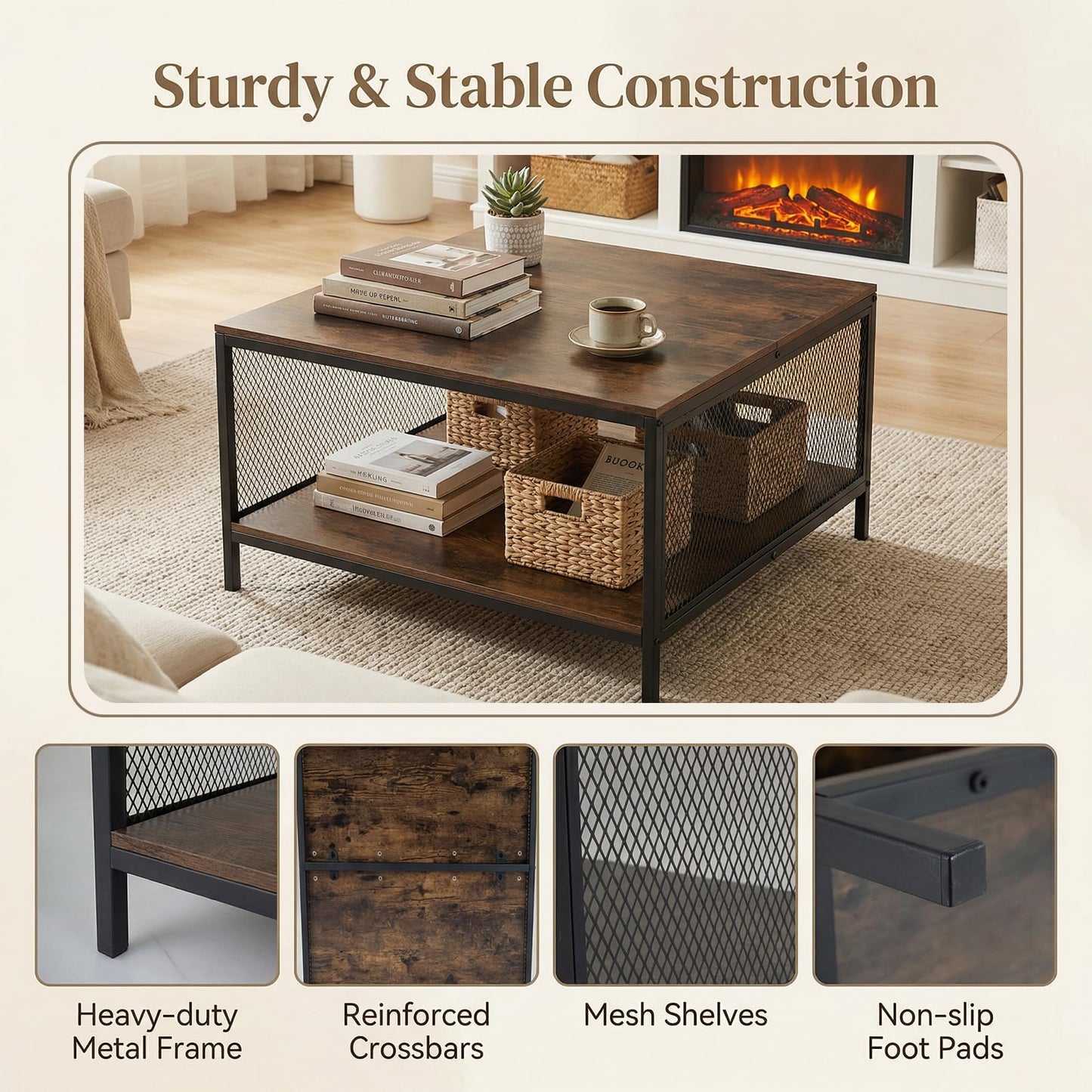 2-Tier Coffee Table, Industrial Square Cocktail Center Table with Open Storage Shelf