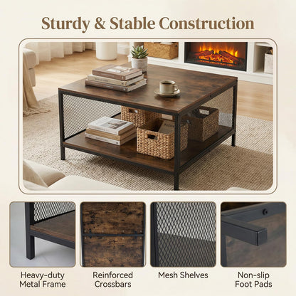 2-Tier Coffee Table, Industrial Square Cocktail Center Table with Open Storage Shelf