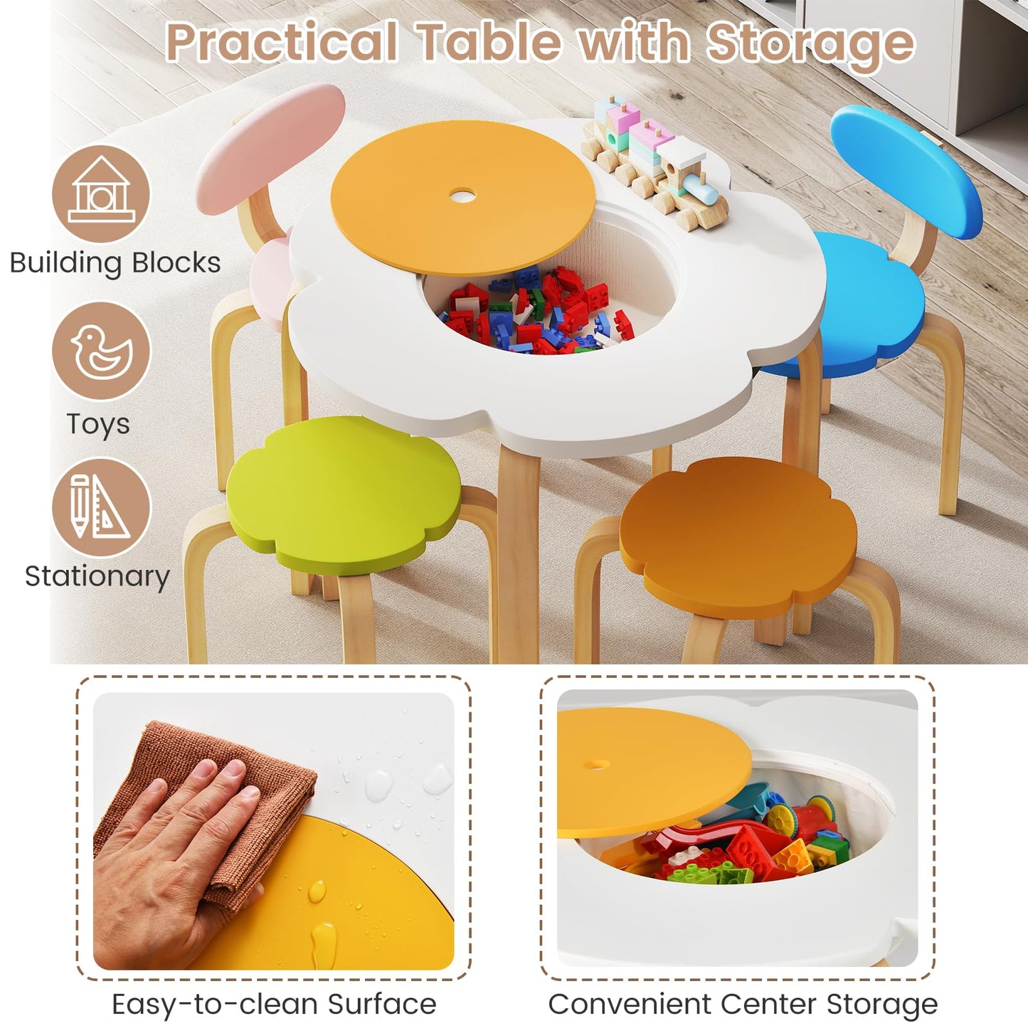 Flower-shaped Children Table Set with 2 Colorful Chairs and Stools
