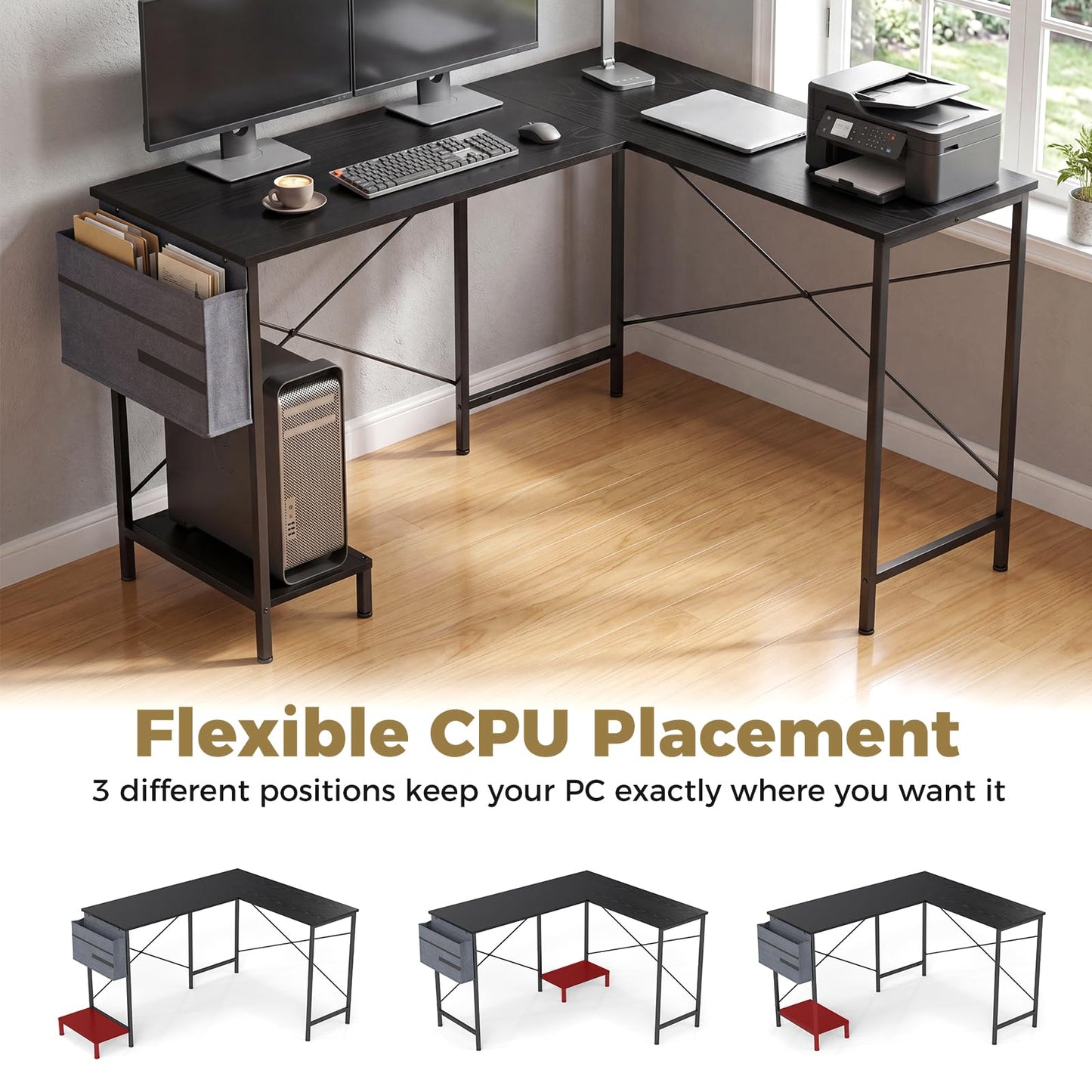L-Shaped Computer Desk, Metal Frame Reversible Double Study Writing Workstation