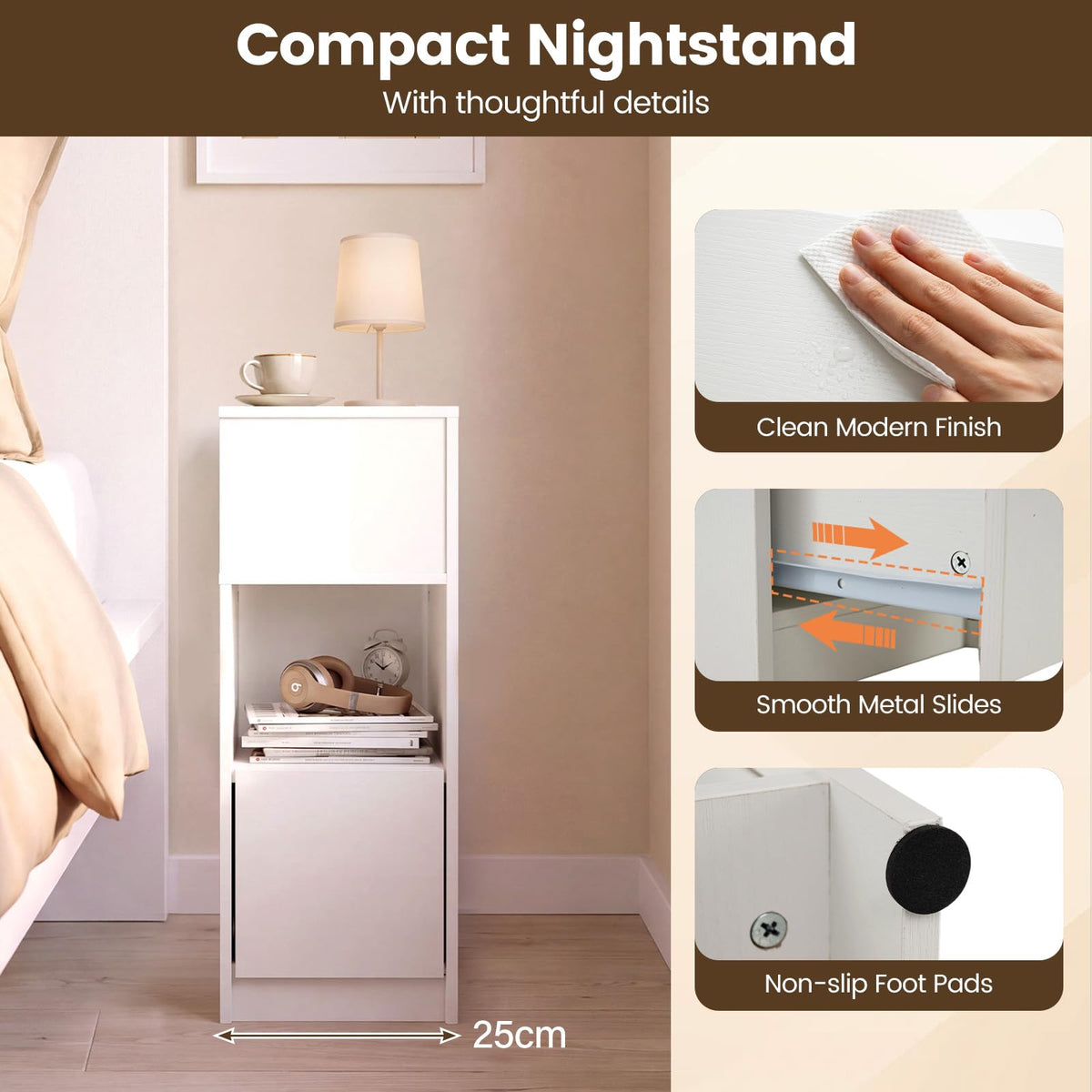 Slim Bedside Table with Drawer and 2 Storage Compartments