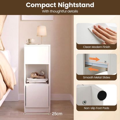 Slim Bedside Table with Drawer and 2 Storage Compartments