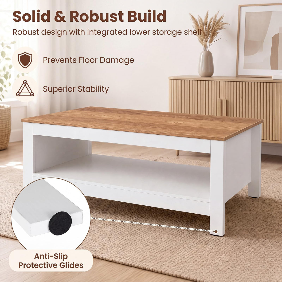 2-Tier Coffee Table with Open Storage Shelf, White+Natural