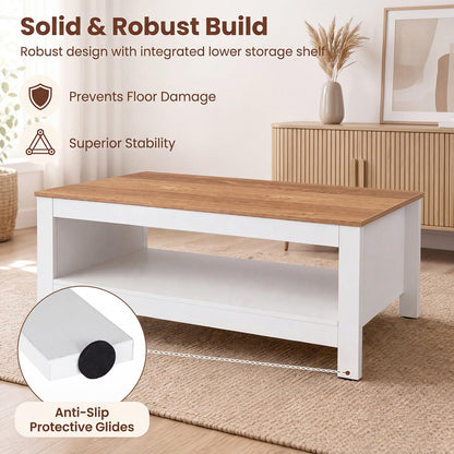 2-Tier Coffee Table with Open Storage Shelf, White+Natural