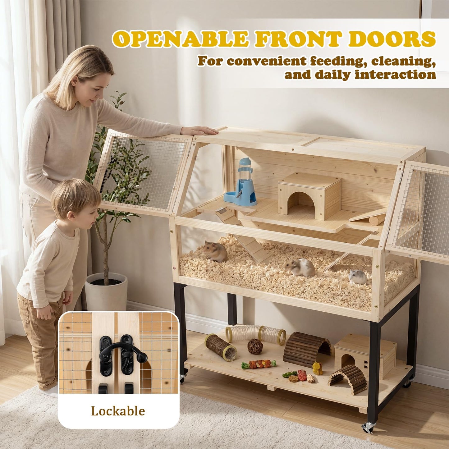 Wooden Hamster Cage, 2-Tier Small Animal House with Acrylic Windows