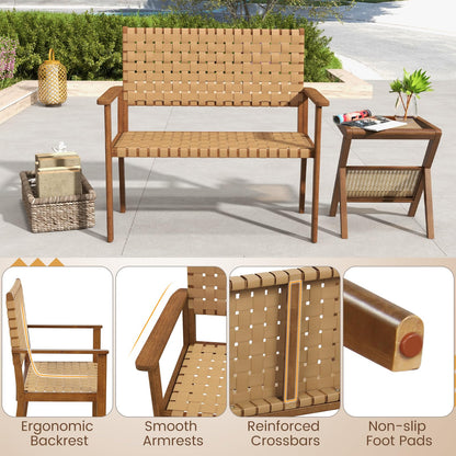 Outdoor All Weather Bench with Solid Rubber Wood Frame and Hand Woven PU Leather
