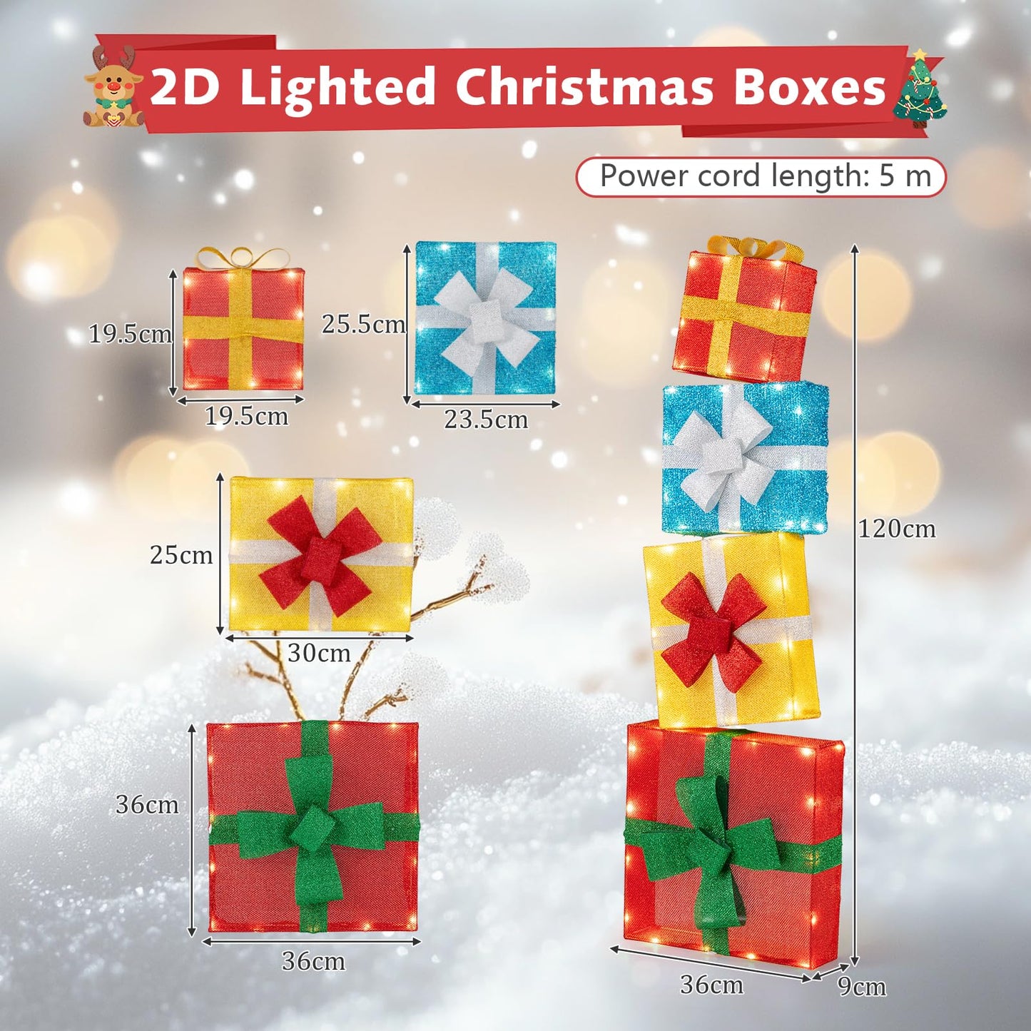 Set of 4 Christmas Lighted Gift Boxes Decoration, Pre-lit Present Box with LED Lights and Bowknots