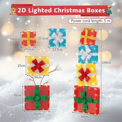 Set of 4 Christmas Lighted Gift Boxes Decoration, Pre-lit Present Box with LED Lights and Bowknots