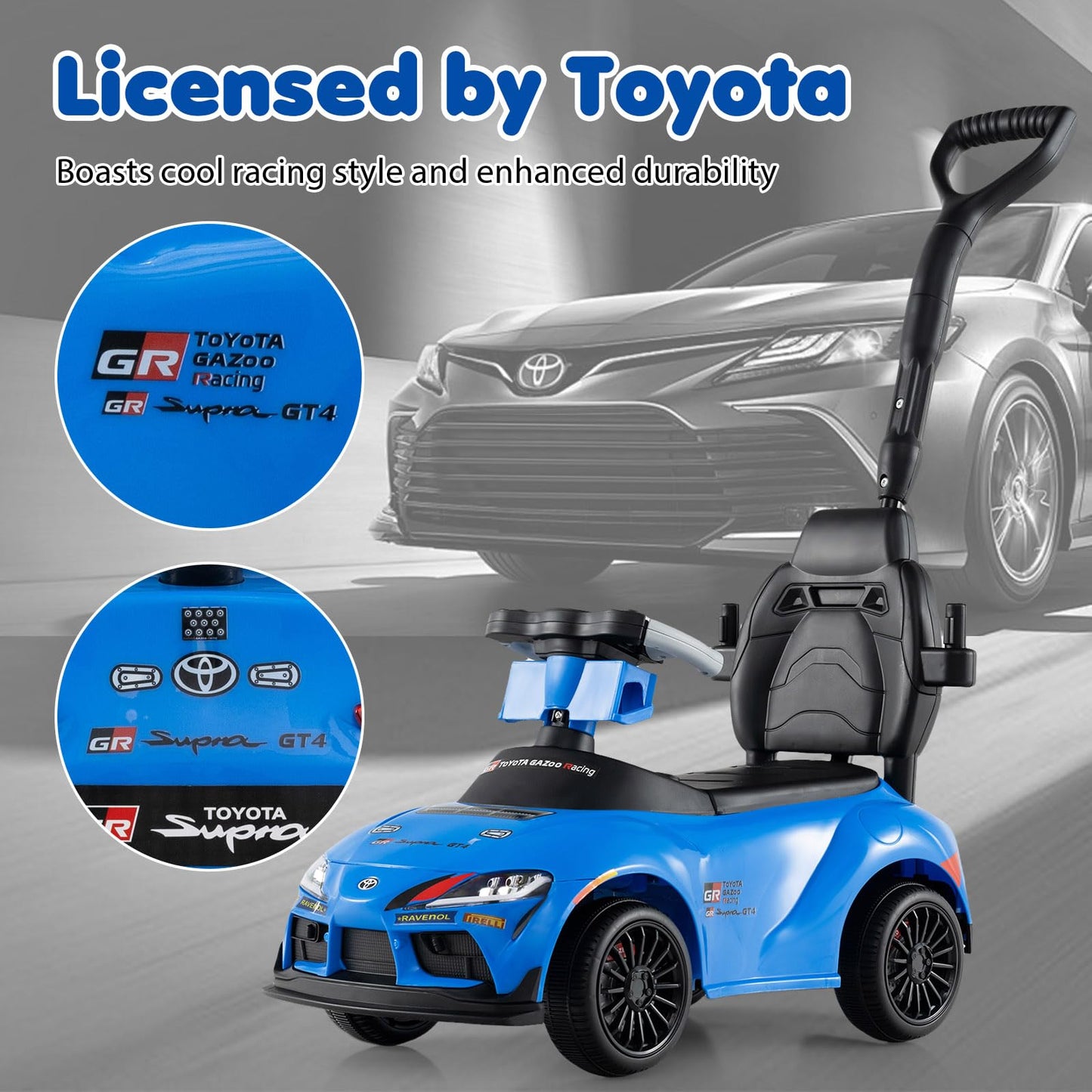 3 in 1 Ride on Push Car, Licensed Toyota Stroller Sliding Walking Car with Handle