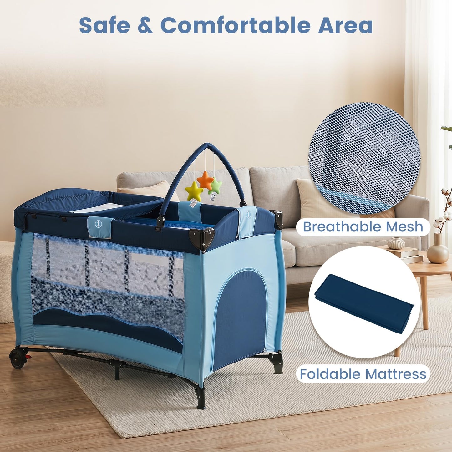 4 in 1 Pack and Play Foldable and Portable Baby Playard with Diaper Changing Table and 3 Hanging Toys