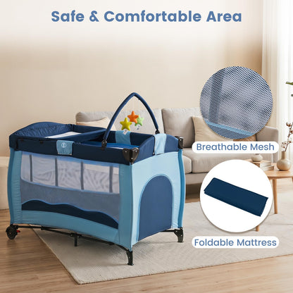 4 in 1 Pack and Play Foldable and Portable Baby Playard with Diaper Changing Table and 3 Hanging Toys