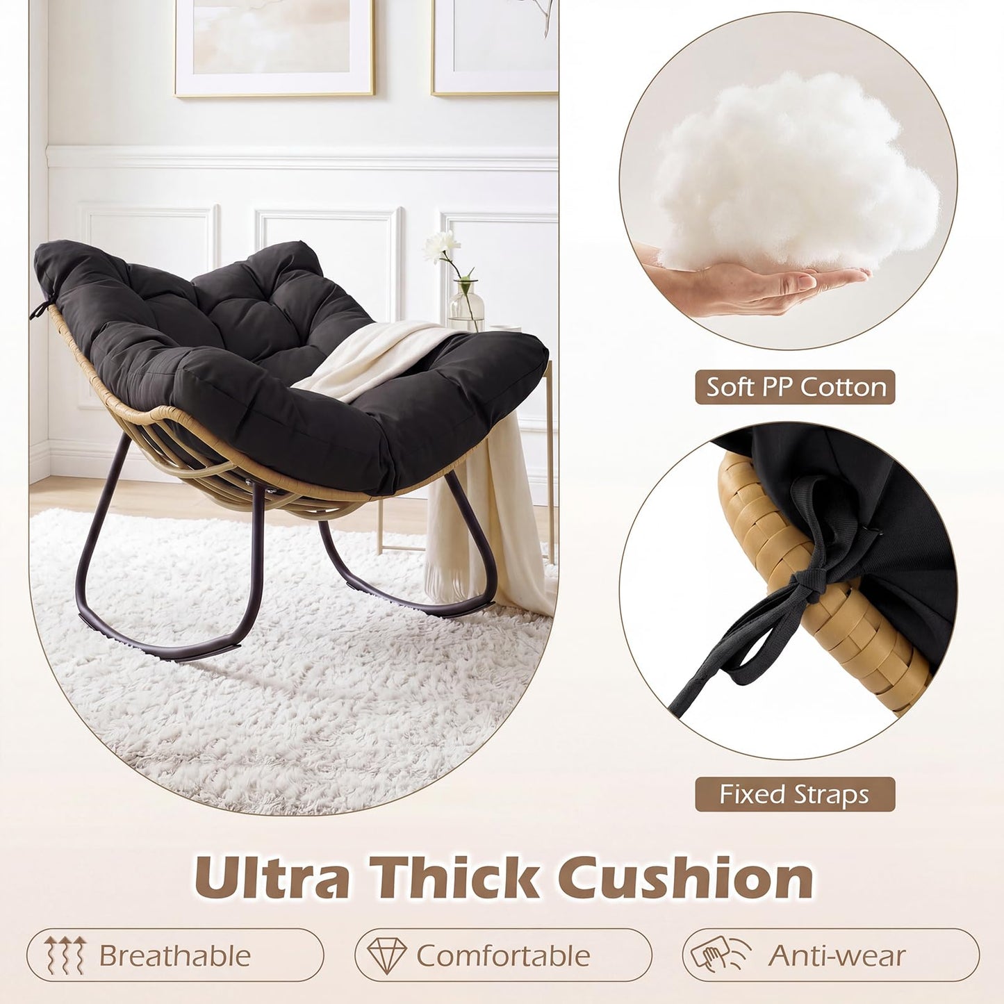 Outdoor Rocking Chair, Oversized Patio Wicker Egg Chair with Thick and Removable Cushion