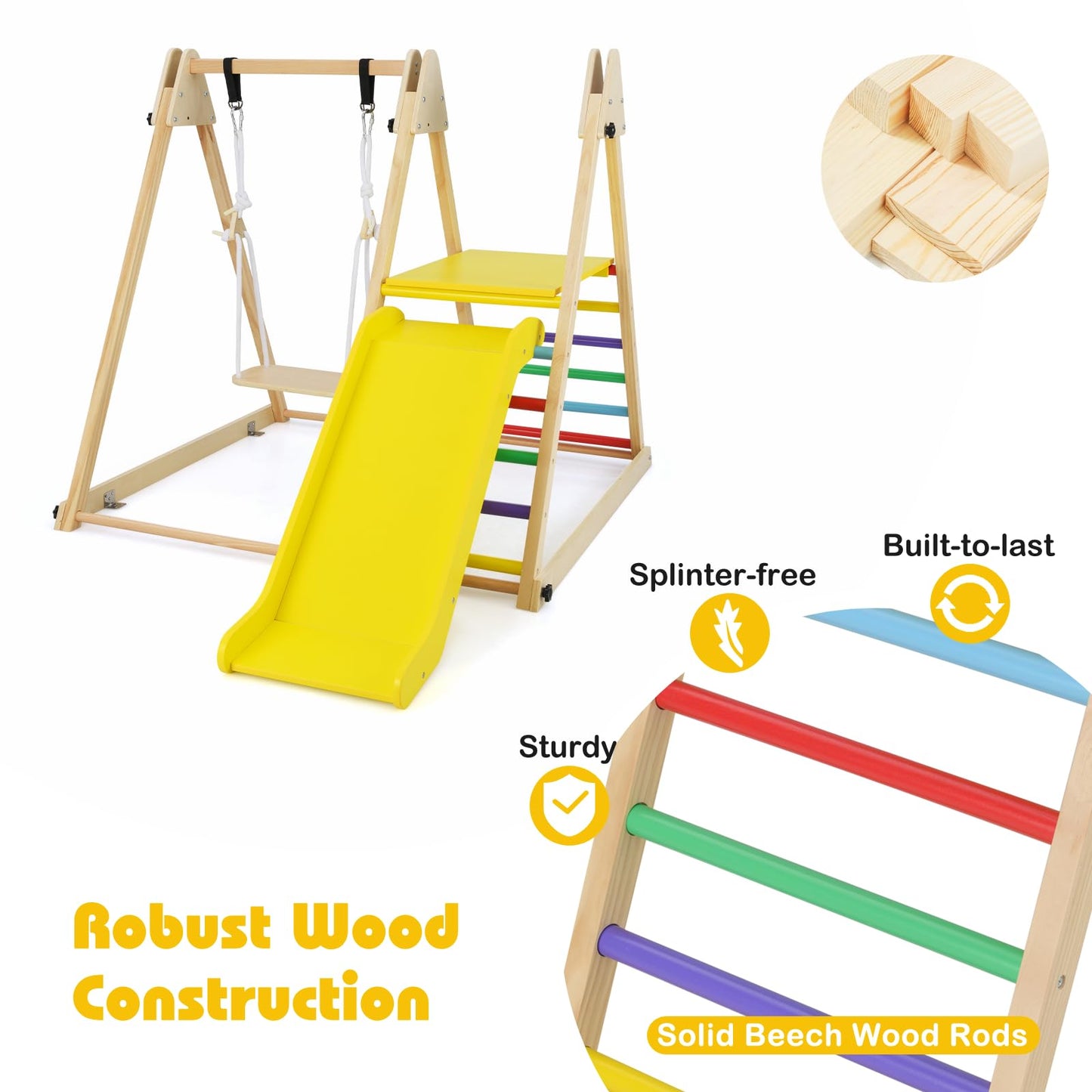 3-in-1 Foldable Indoor Jungle Gym Wooden Climbing Toys with Swing