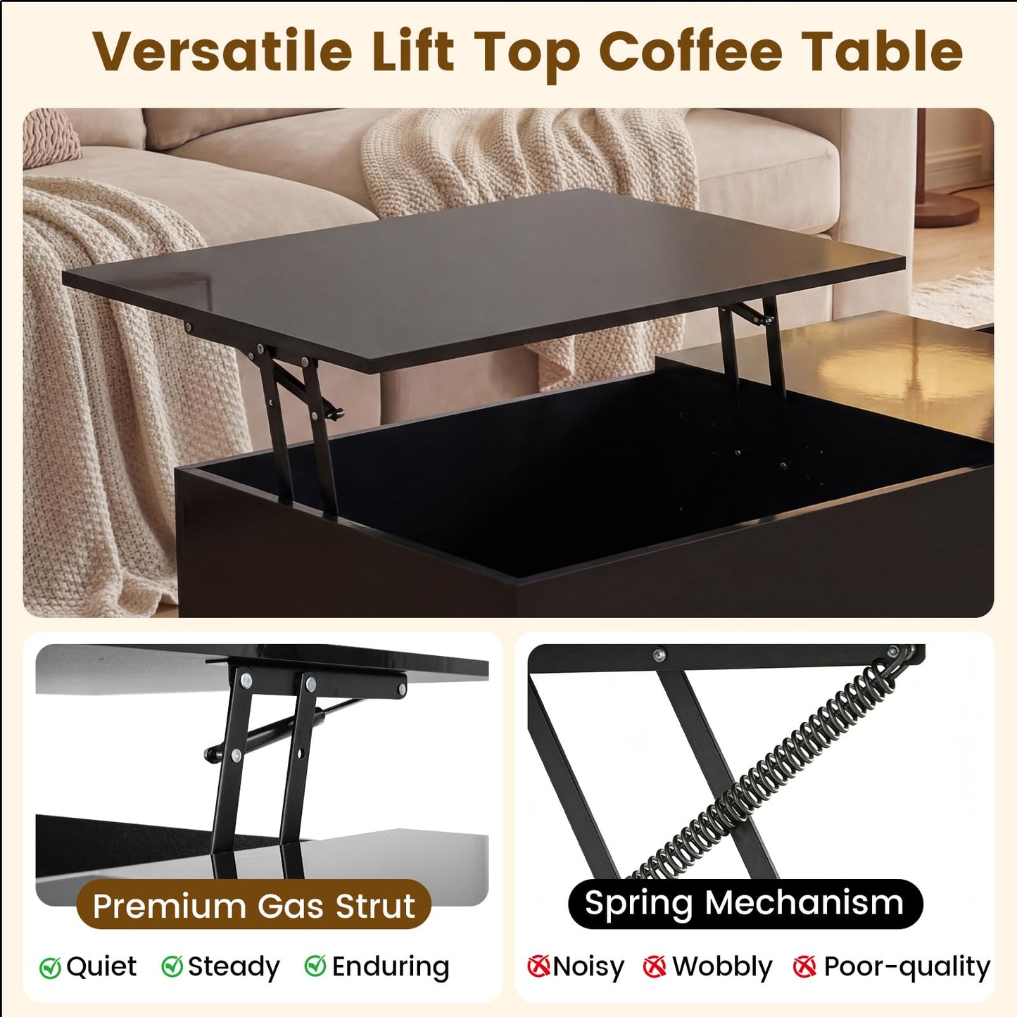 Lift Up Top Coffee Table with LED Lights, High Gloss Lifting Cocktail Center Table