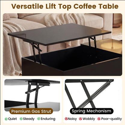 Lift Up Top Coffee Table with LED Lights, High Gloss Lifting Cocktail Center Table