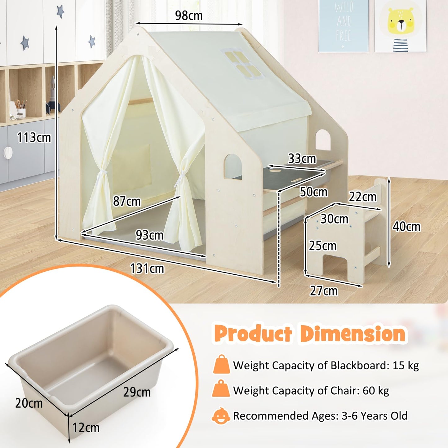 Wooden Playhouse with Floor Mat for 3-6 Years Old