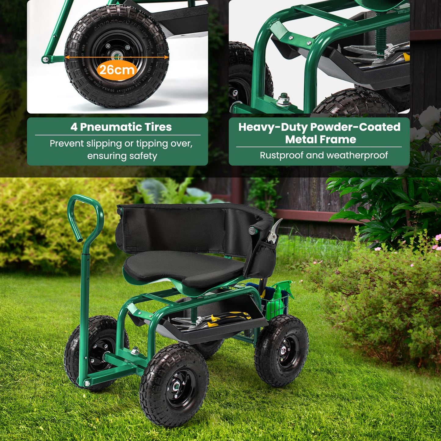 Outdoor Gardening Planting Station Trolley with Swivel Seat