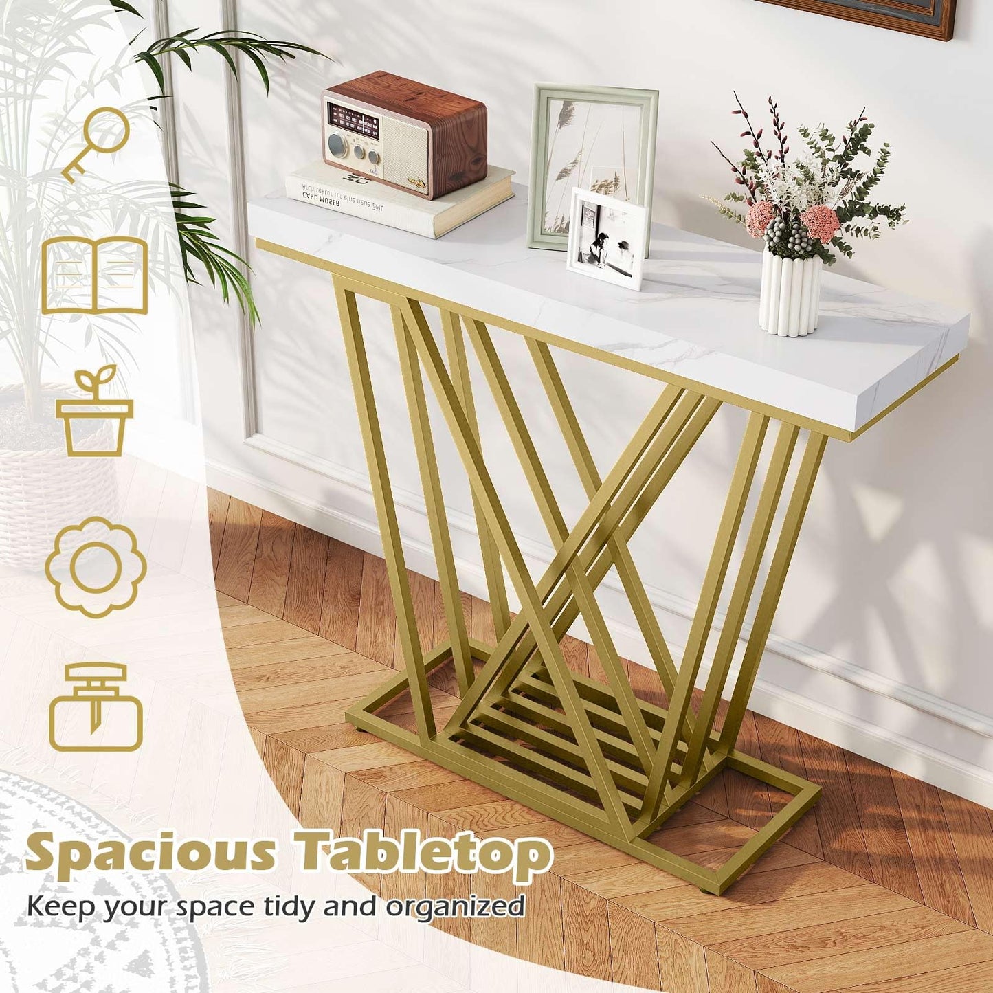 Gold Console Table Modern Sofa Table with Faux Marble Rectangular Tabletop