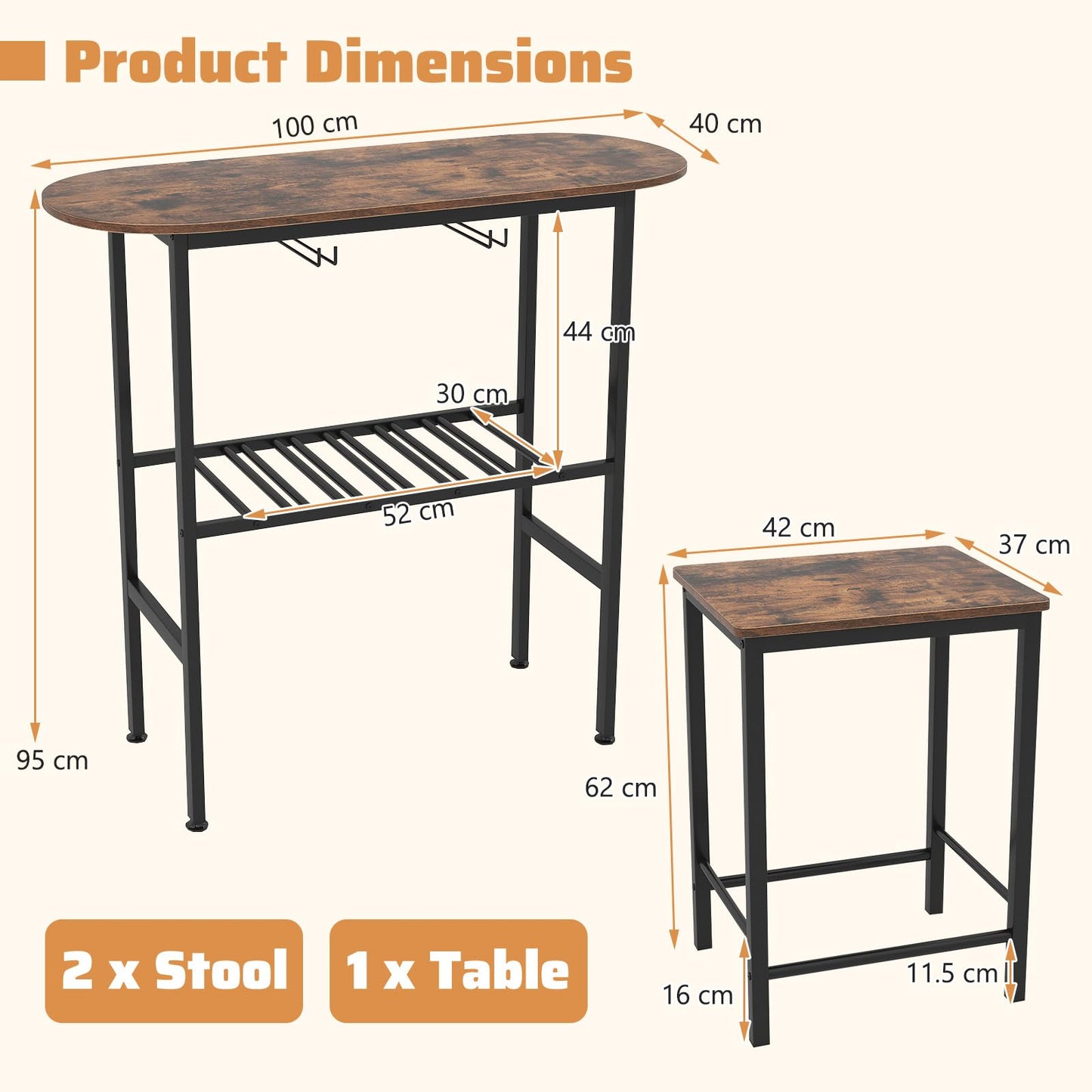 3 Piece Counter Height Table Set Oval Dining Table and 2 Stools