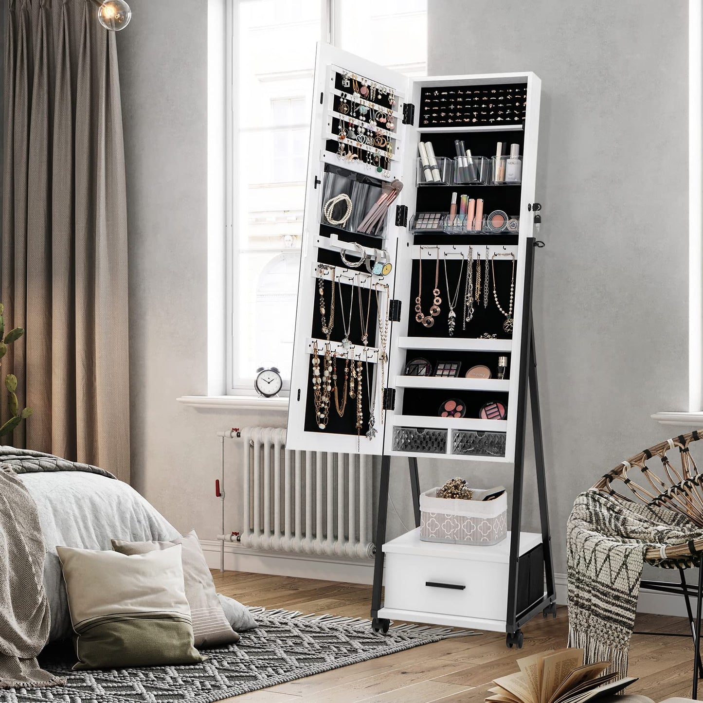 Mobile Standing Lockable Jewelry Cabinet with Full Length Mirror
