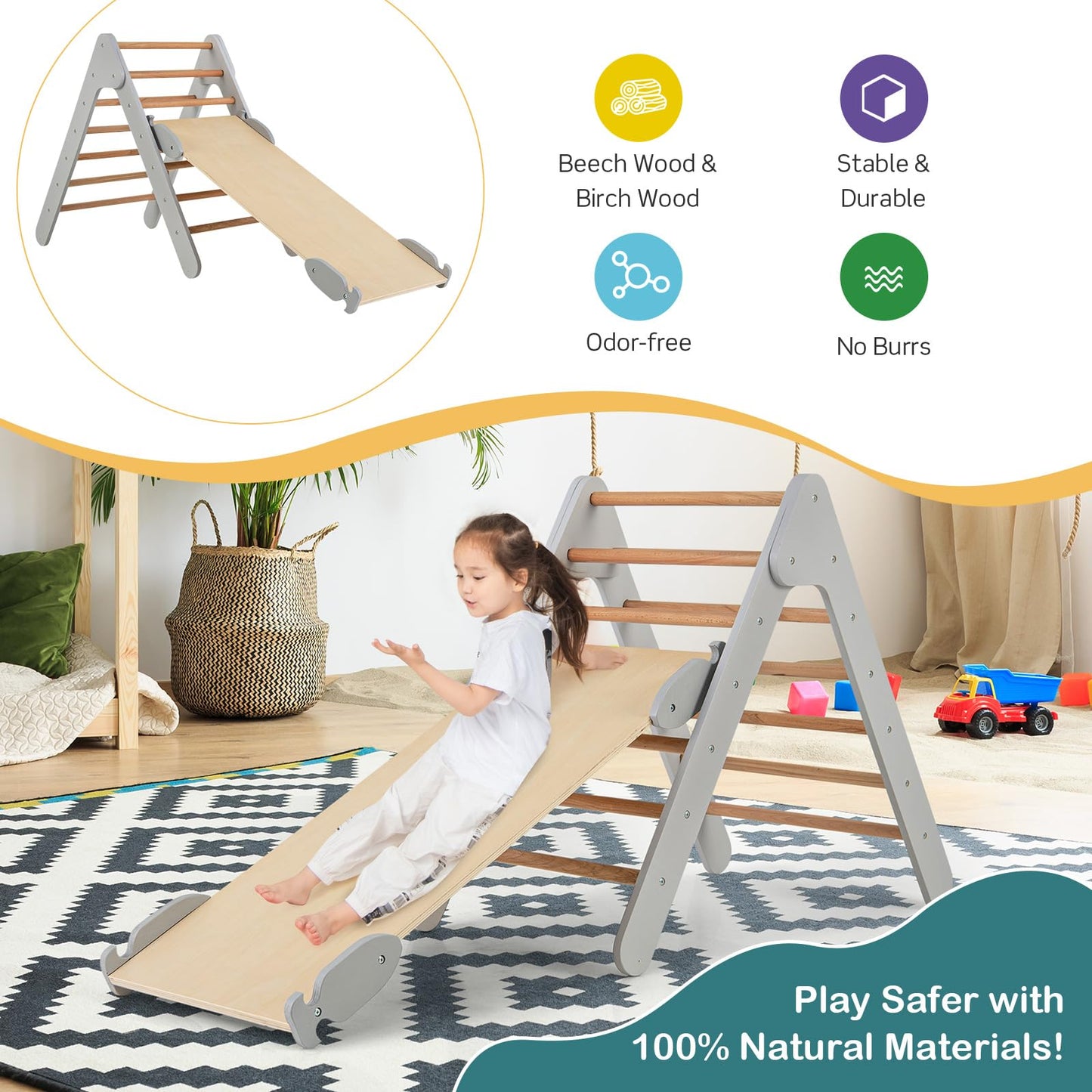 Giantex  Toddler Climbing Frame Kids Wooden Montessori Triangle Climber with Double Sided Ramp