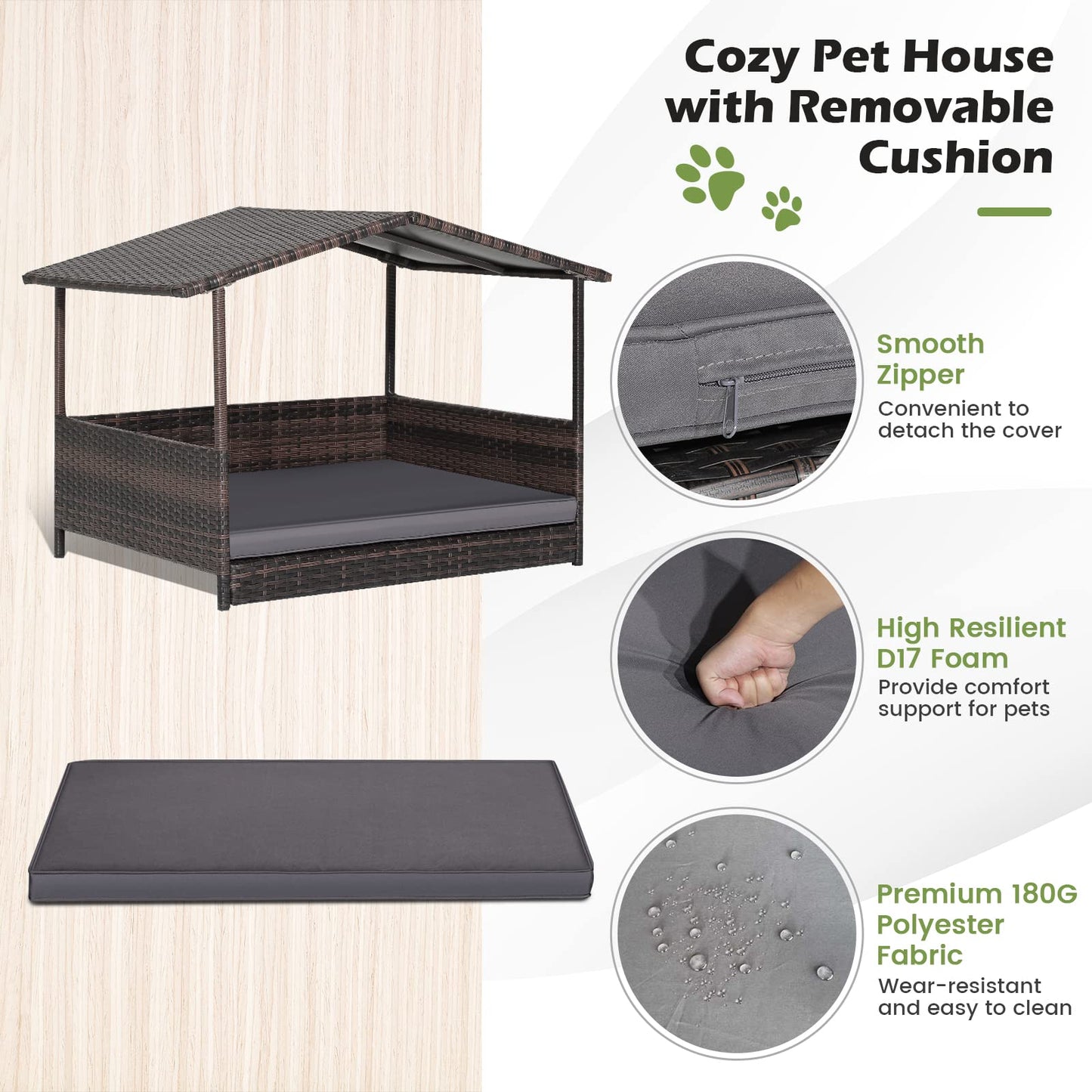 Wicker Dog House with Roof and Removable Cushion for Living Room Yard