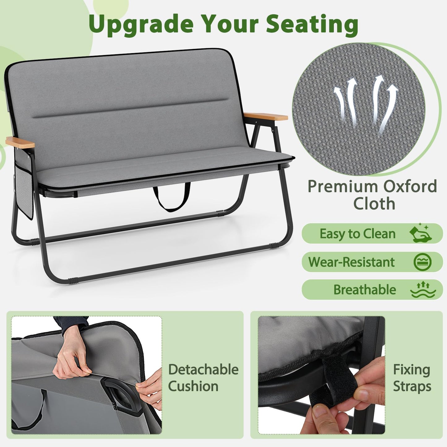 Double Camping Chair, 2-Person Folding Loveseat with Detachable Cushion