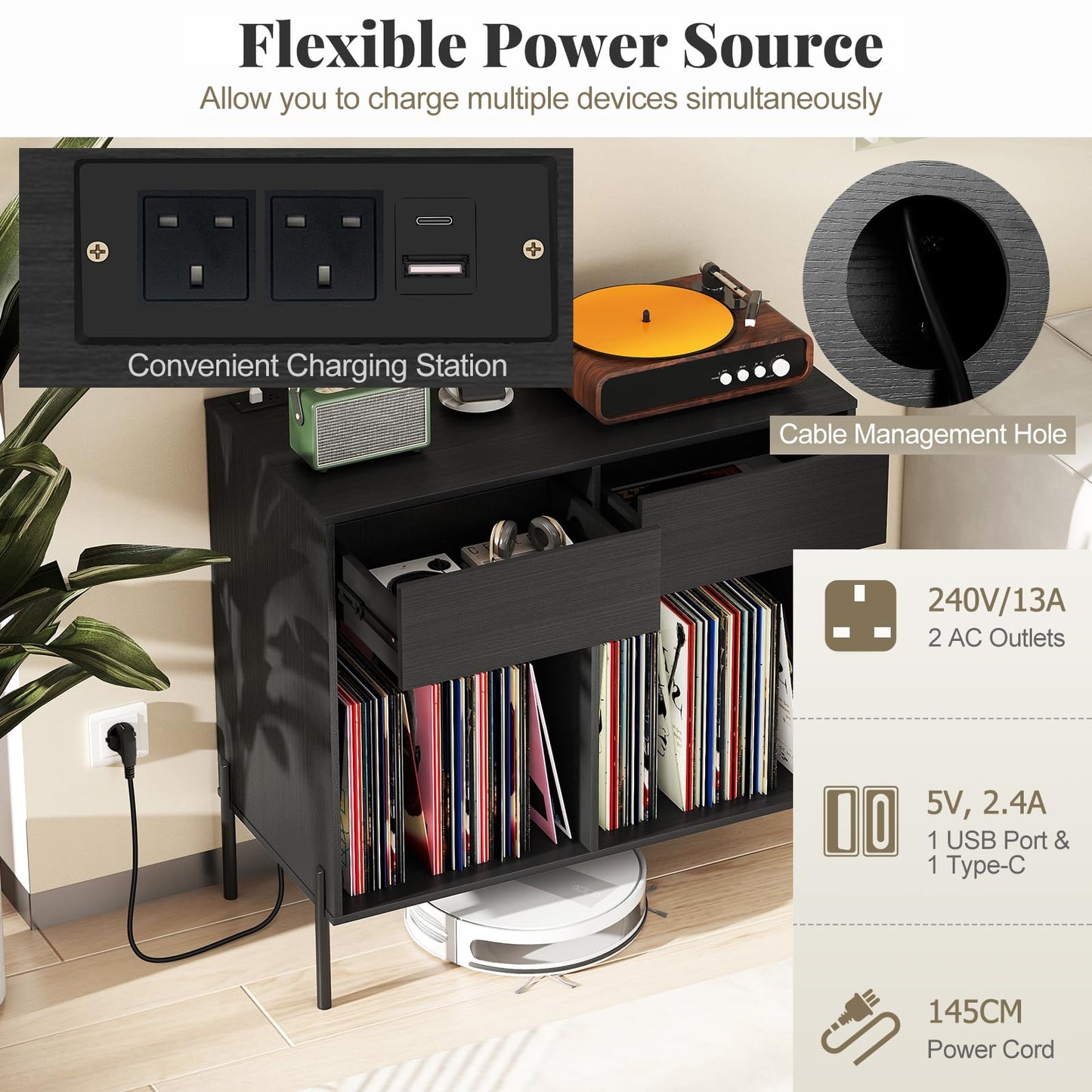 Record Player Stand with Power Outlets and Drawers for Living Room