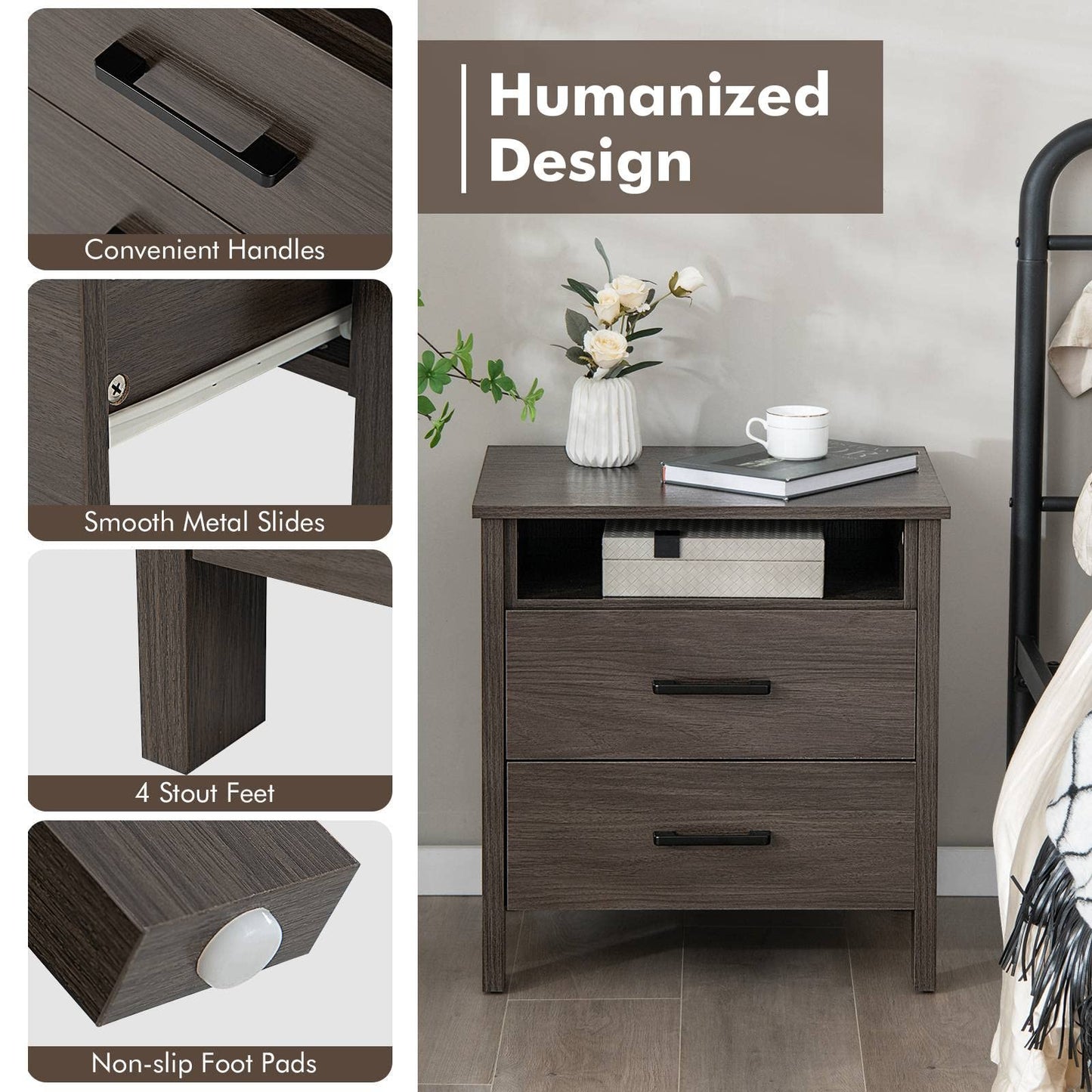 Modern Wooden Nightstand with 2 Drawers and Open Storage Shelf