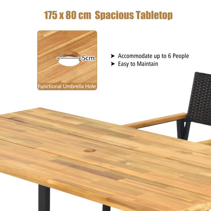 175 x 80cm Patio Rectangle Dining Table for 6 Person with Umbrella Hole